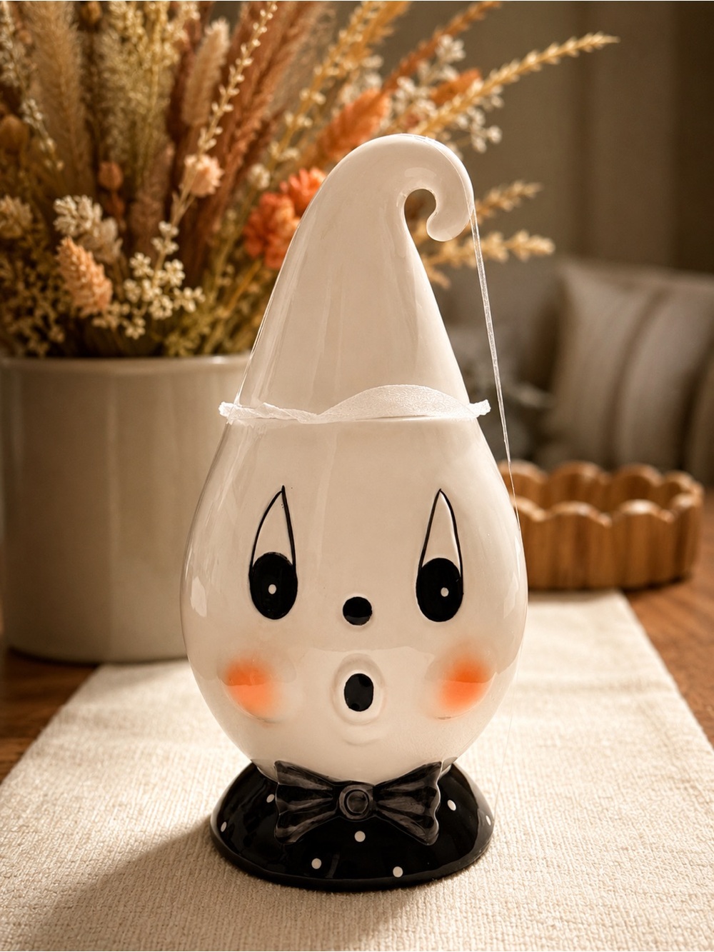 Ceramic Ghost Figurine with Bow and Blush